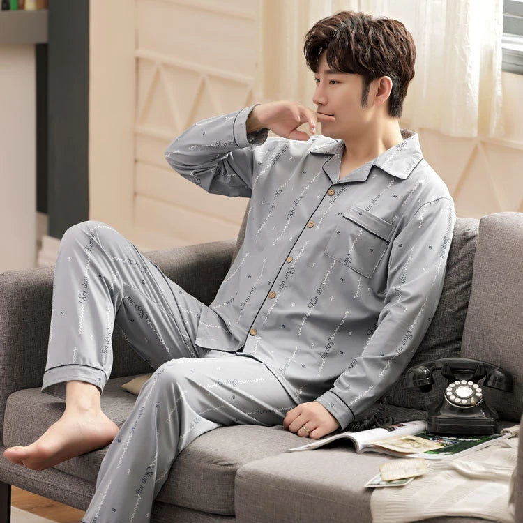 L-5XL Plus Size Faux Cotton Print Men's Pajamas Korean Ins Autumn Y2k Male Nightwear 2024 New Big Size Long Sleeve+pant Home Set