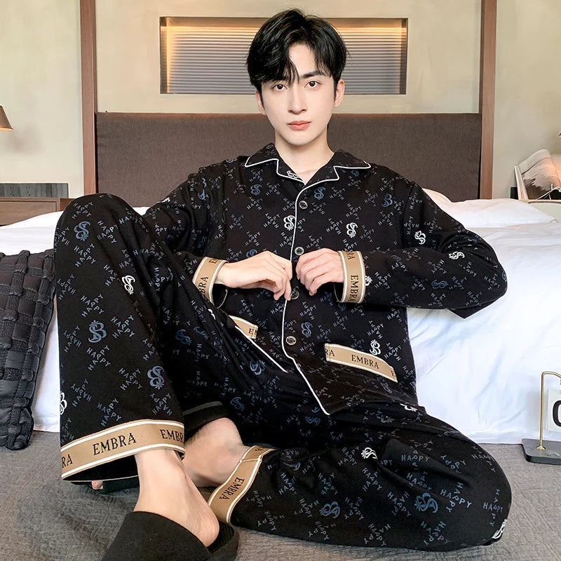 Black Luxurious Men Pajamas Set Autumn Winter Long Sleeves Long Pants Casual Sleepwear Soft Pyjamas Cozy Pijamas Adult Pjs Sleep