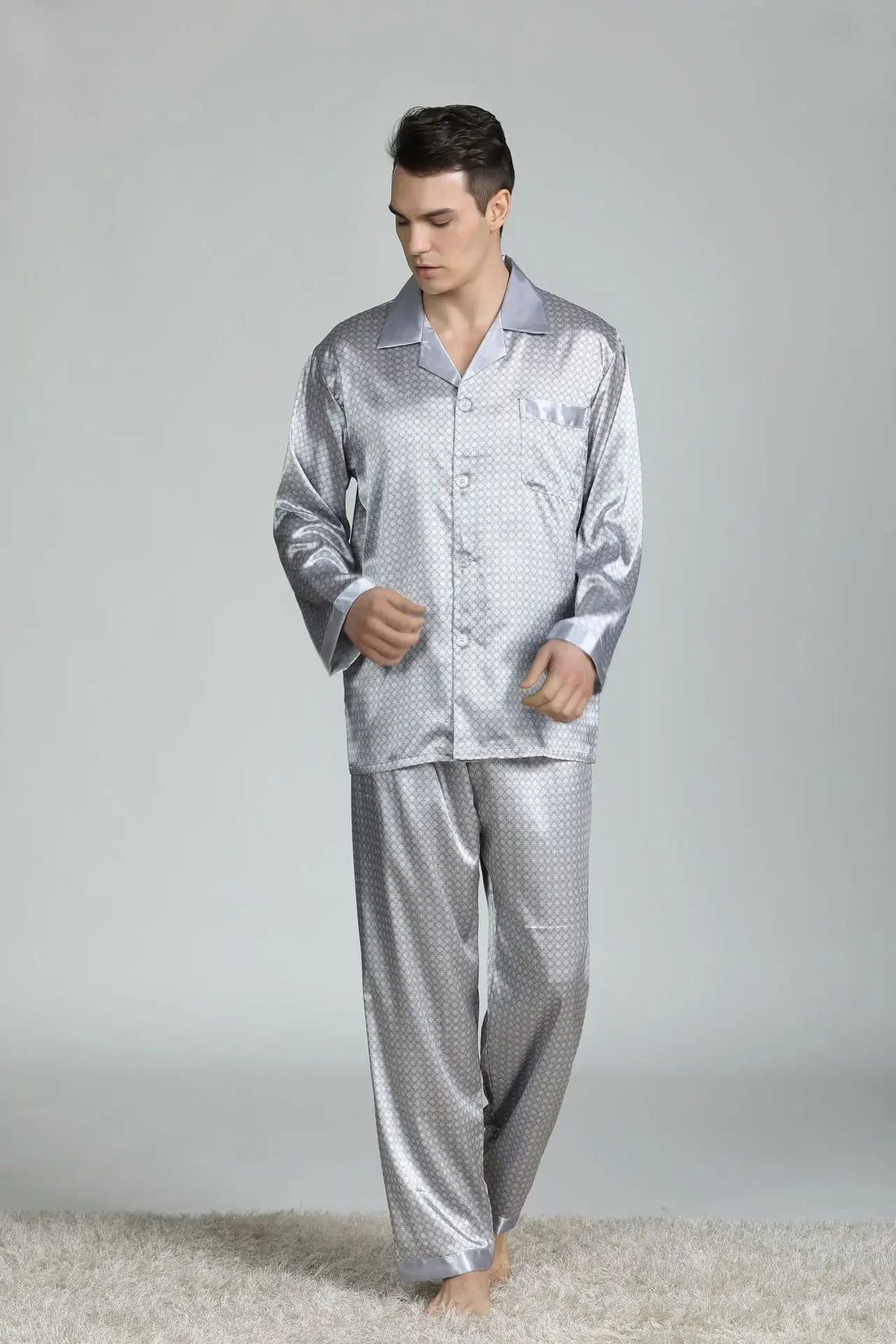 Silk Satin Pajamas for Men Sleepwear Cozy Soft Print Long Sleeve Nightgown Tops+ Trousers Two Pieces Mens Pajama Set