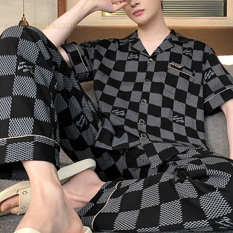 Summer Knitted Plaid Men's Pyjamas Plus 4XL Pajama Sets Casual Pjs Lounge Masculine Sleepwear Nightwear Pijamas Homewear Fashion