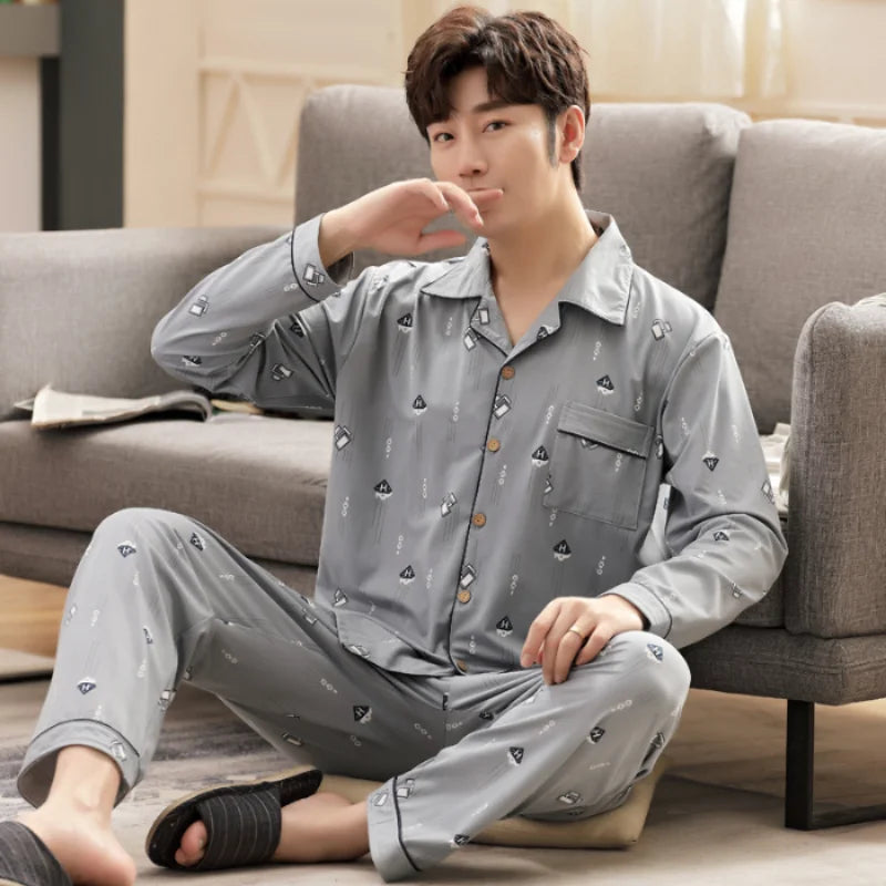 L-5XL Plus Size Faux Cotton Print Men's Pajamas Korean Ins Autumn Y2k Male Nightwear 2024 New Big Size Long Sleeve+pant Home Set