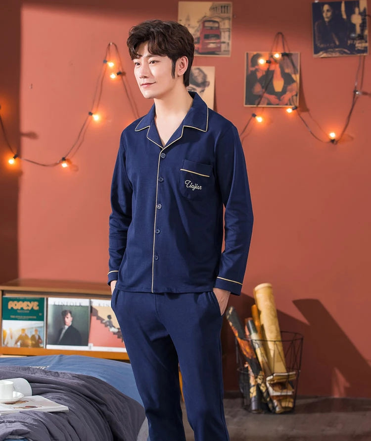 L-5XL Plus Size Faux Cotton Print Men's Pajamas Korean Ins Autumn Y2k Male Nightwear 2024 New Big Size Long Sleeve+pant Home Set