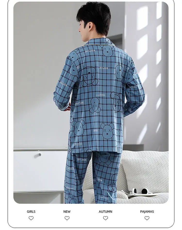 Fall 100% Cotton Pajamas Men's Comfortable Long-sleeved Plus Size Home Wear Suit Teenagers Leisure Outdoor Can Be Worn Outside