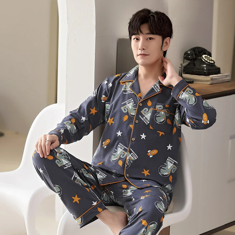 L-5XL Plus Size Faux Cotton Print Men's Pajamas Korean Ins Autumn Y2k Male Nightwear 2024 New Big Size Long Sleeve+pant Home Set