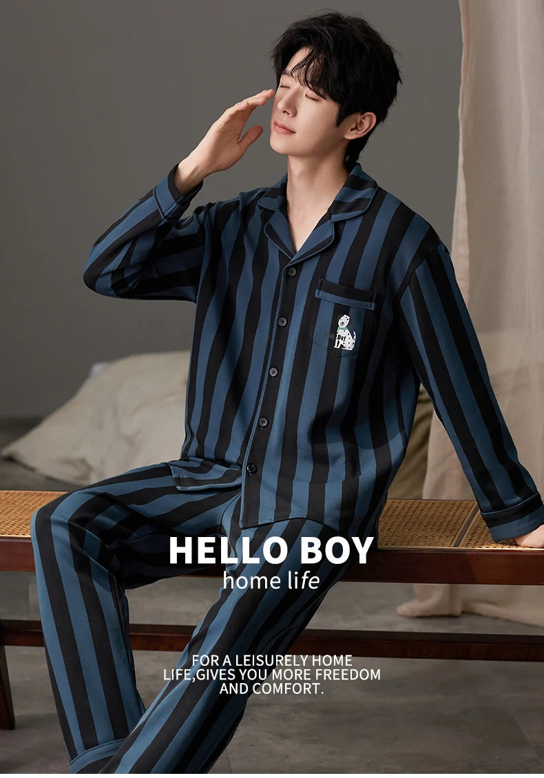 SUKAE Casual Mens Pijama Faux Cotton Soft Nightwear Autumn Spring Homesuit Gentleman Turn-down Collar Sleepwear Boys Pajamas