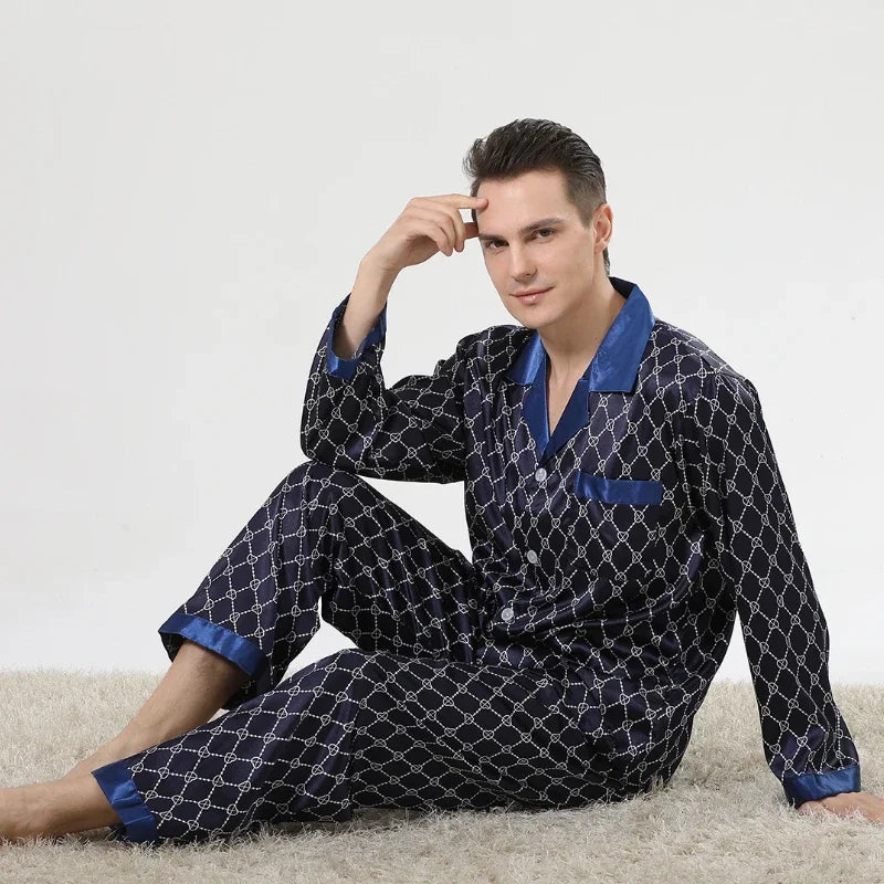 Silk Satin Pajamas for Men Sleepwear Cozy Soft Print Long Sleeve Nightgown Tops+ Trousers Two Pieces Mens Pajama Set