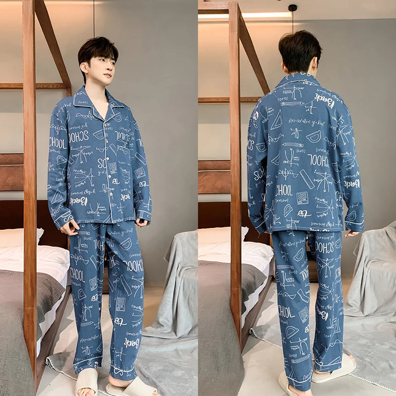 L-5XL Plus Size Faux Cotton Print Men's Pajamas Korean Ins Autumn Y2k Male Nightwear 2024 New Big Size Long Sleeve+pant Home Set