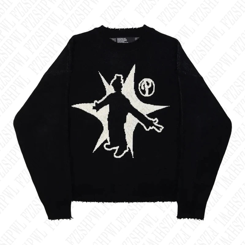 Y2k Knitted Sweater Acrylic Men Clothes Fashion Hip Hop Grunge Goth Punk Casual Harajuku Graphic Print Long sleeved Pullover EMO