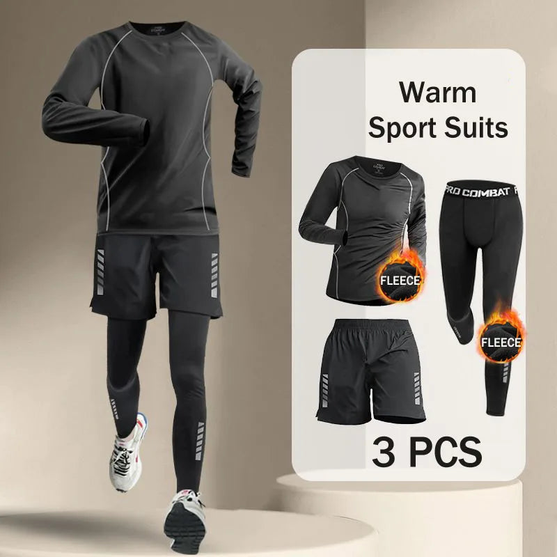 Korean Warm Sports Suit Men 2-4 PCS Running Set Jogging Basketball Underwear Tights Sportswear Gym Fitness Tracksuit Clothes