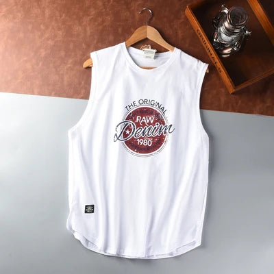 Summer New American Retro Sleeveless O-neck Letter Printed T-shirt Men's Fashion 100% Cotton Washed Old Casual Sports Vest Tops