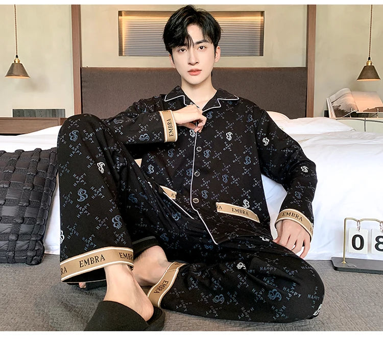 Black Luxurious Men Pajamas Set Autumn Winter Long Sleeves Long Pants Casual Sleepwear Soft Pyjamas Cozy Pijamas Adult Pjs Sleep