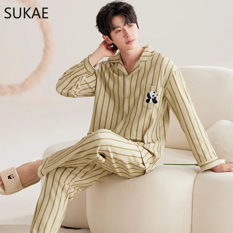 SUKAE Casual Mens Pijama Faux Cotton Soft Nightwear Autumn Spring Homesuit Gentleman Turn-down Collar Sleepwear Boys Pajamas