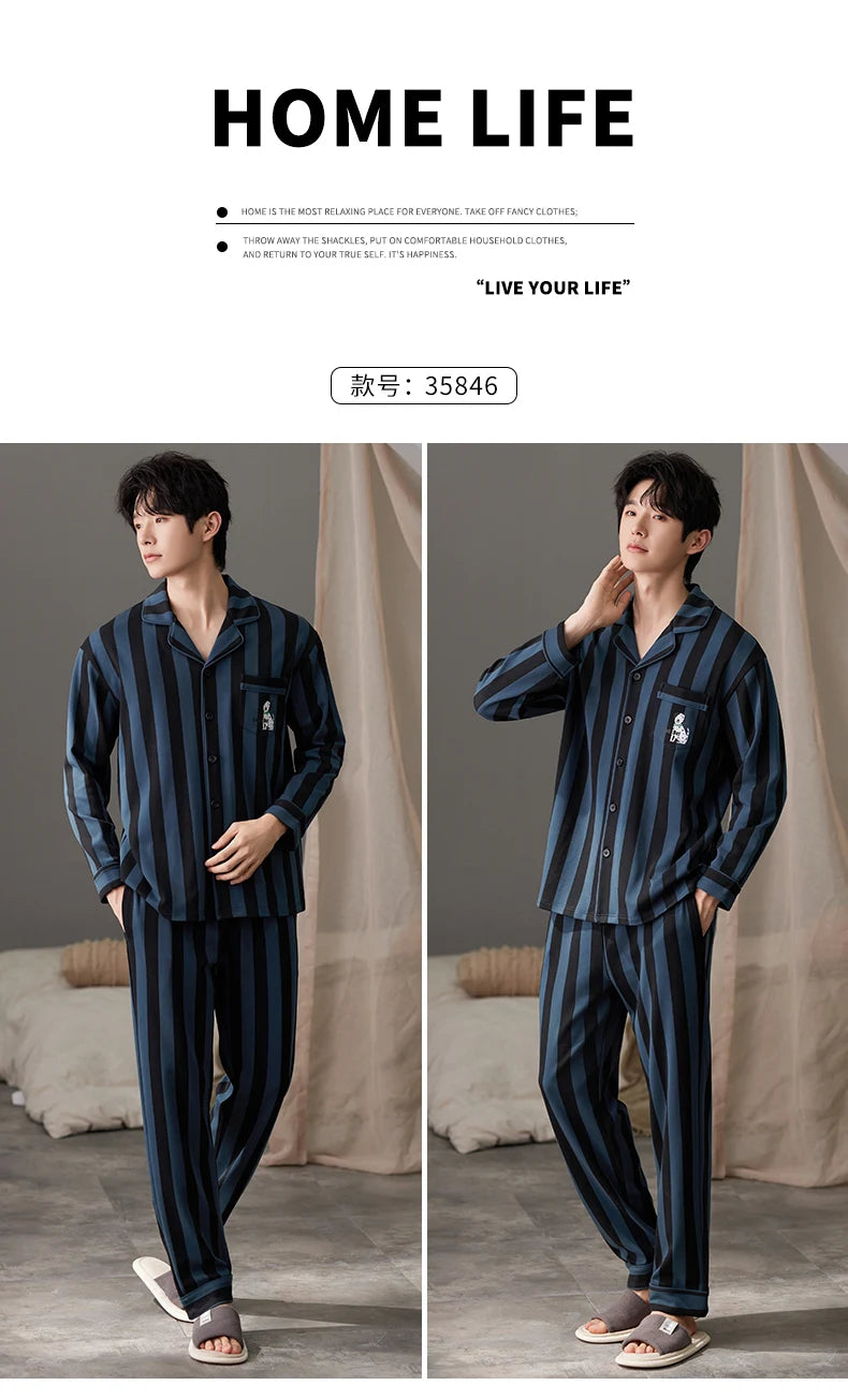 SUKAE Casual Mens Pijama Faux Cotton Soft Nightwear Autumn Spring Homesuit Gentleman Turn-down Collar Sleepwear Boys Pajamas