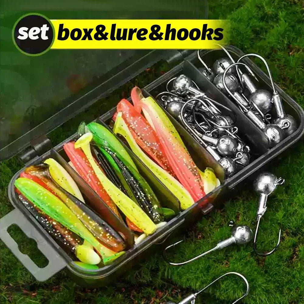 50PCS/Box Metal Jig Bait 5.5cm 7cm 10cm Soft Lure 3g 5g 7g 10g 14g Jigging Head Hook Fishing Box Pesca Swimbait Sinking Lure Kit