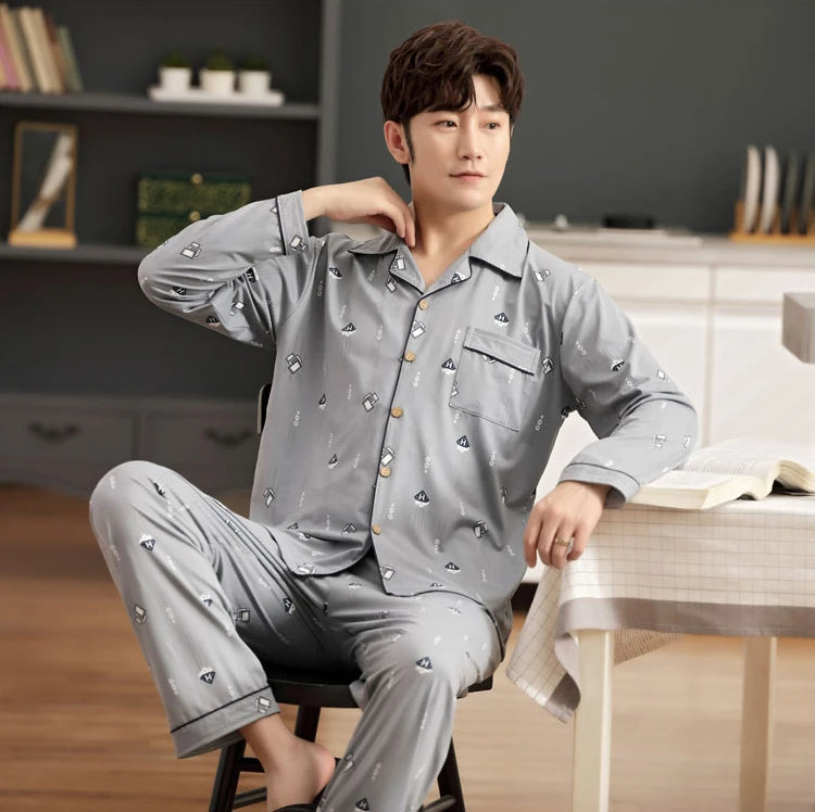 L-5XL Plus Size Faux Cotton Print Men's Pajamas Korean Ins Autumn Y2k Male Nightwear 2024 New Big Size Long Sleeve+pant Home Set