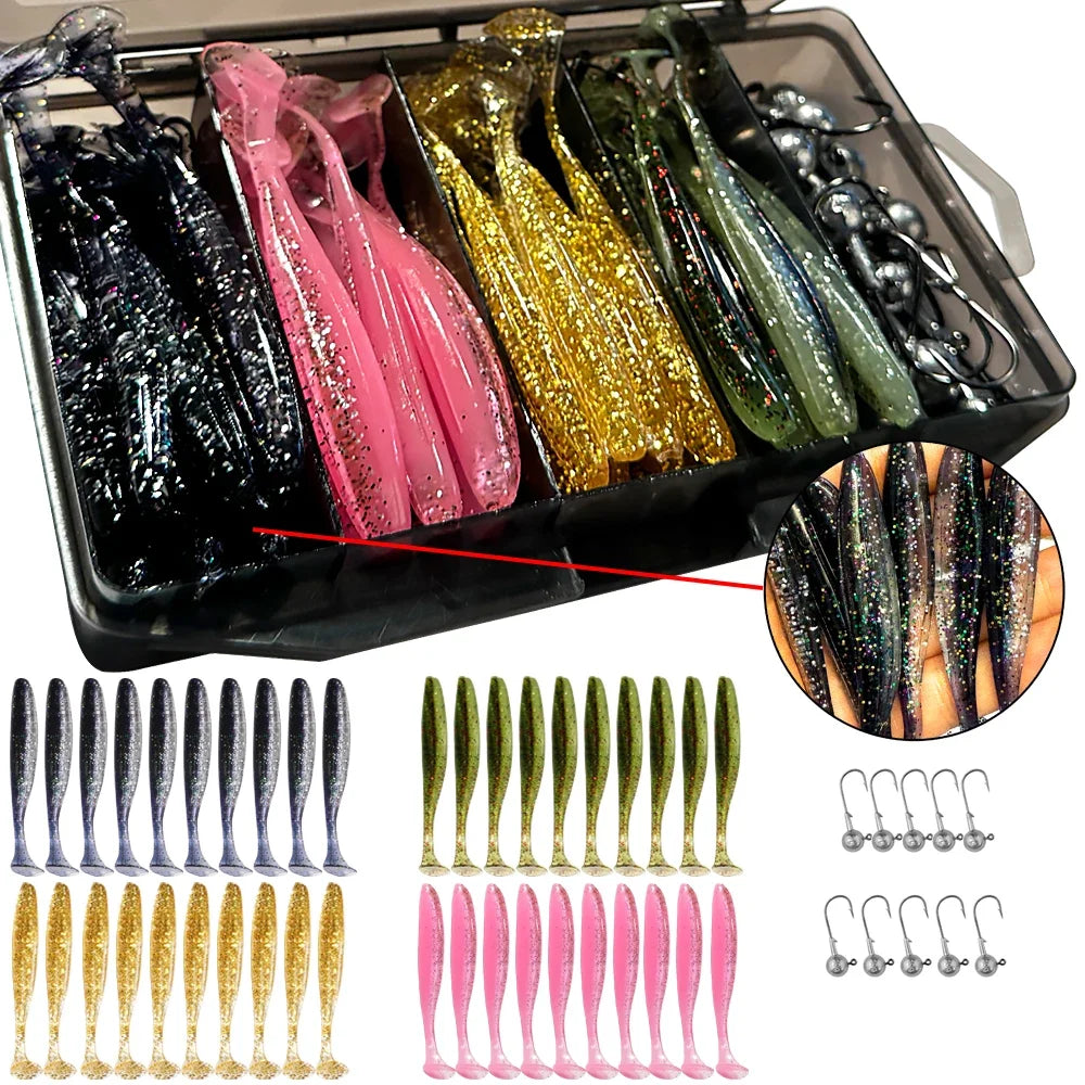 50PCS/Box Metal Jig Bait 5.5cm 7cm 10cm Soft Lure 3g 5g 7g 10g 14g Jigging Head Hook Fishing Box Pesca Swimbait Sinking Lure Kit