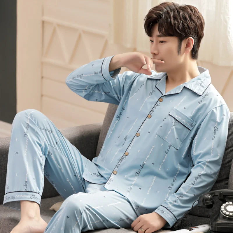 L-5XL Plus Size Faux Cotton Print Men's Pajamas Korean Ins Autumn Y2k Male Nightwear 2024 New Big Size Long Sleeve+pant Home Set