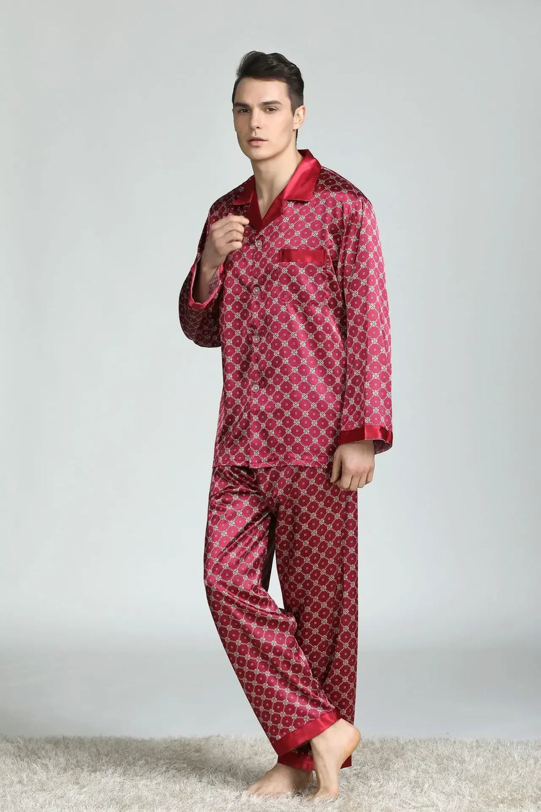 Silk Satin Pajamas for Men Sleepwear Cozy Soft Print Long Sleeve Nightgown Tops+ Trousers Two Pieces Mens Pajama Set