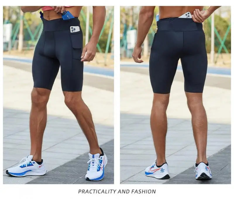 Compression Pants Marathon Running Tights Men Quick Dry Workout Training Basketball Jogging Fitness Gym Sport Shorts with Pocket