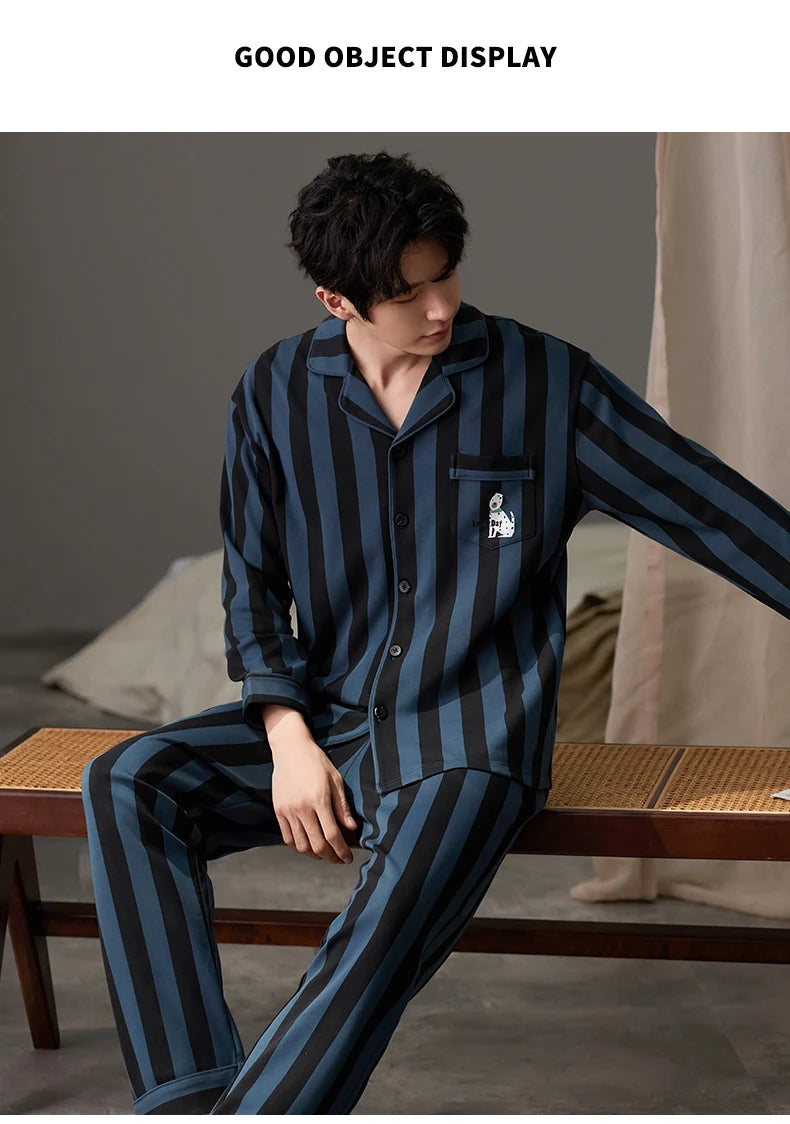 SUKAE Casual Mens Pijama Faux Cotton Soft Nightwear Autumn Spring Homesuit Gentleman Turn-down Collar Sleepwear Boys Pajamas