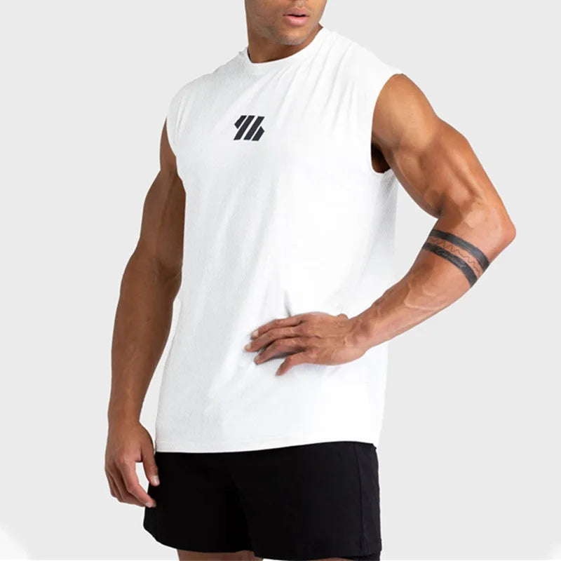 2024 Summer New Men's Fitness Tank Top Bodybuilding Sleeveless Workout Vest Quick-Dry Mesh Gym Running Shirt Men's Apparel