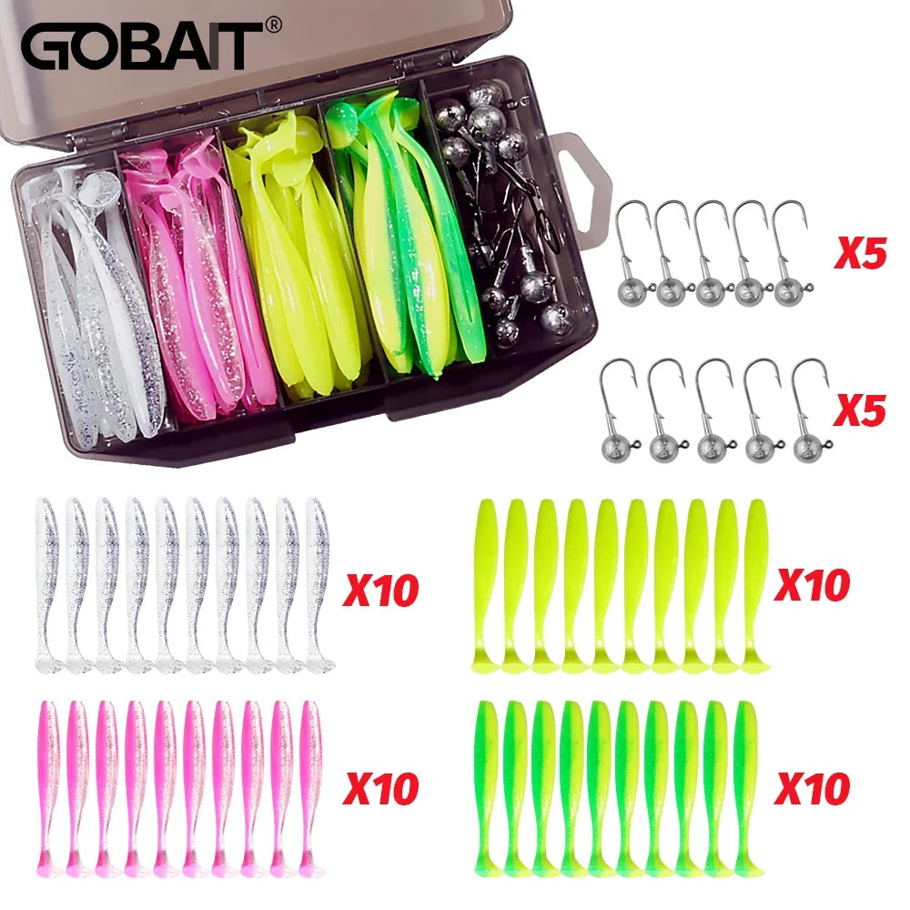 50PCS/Box Metal Jig Bait 5.5cm 7cm 10cm Soft Lure 3g 5g 7g 10g 14g Jigging Head Hook Fishing Box Pesca Swimbait Sinking Lure Kit