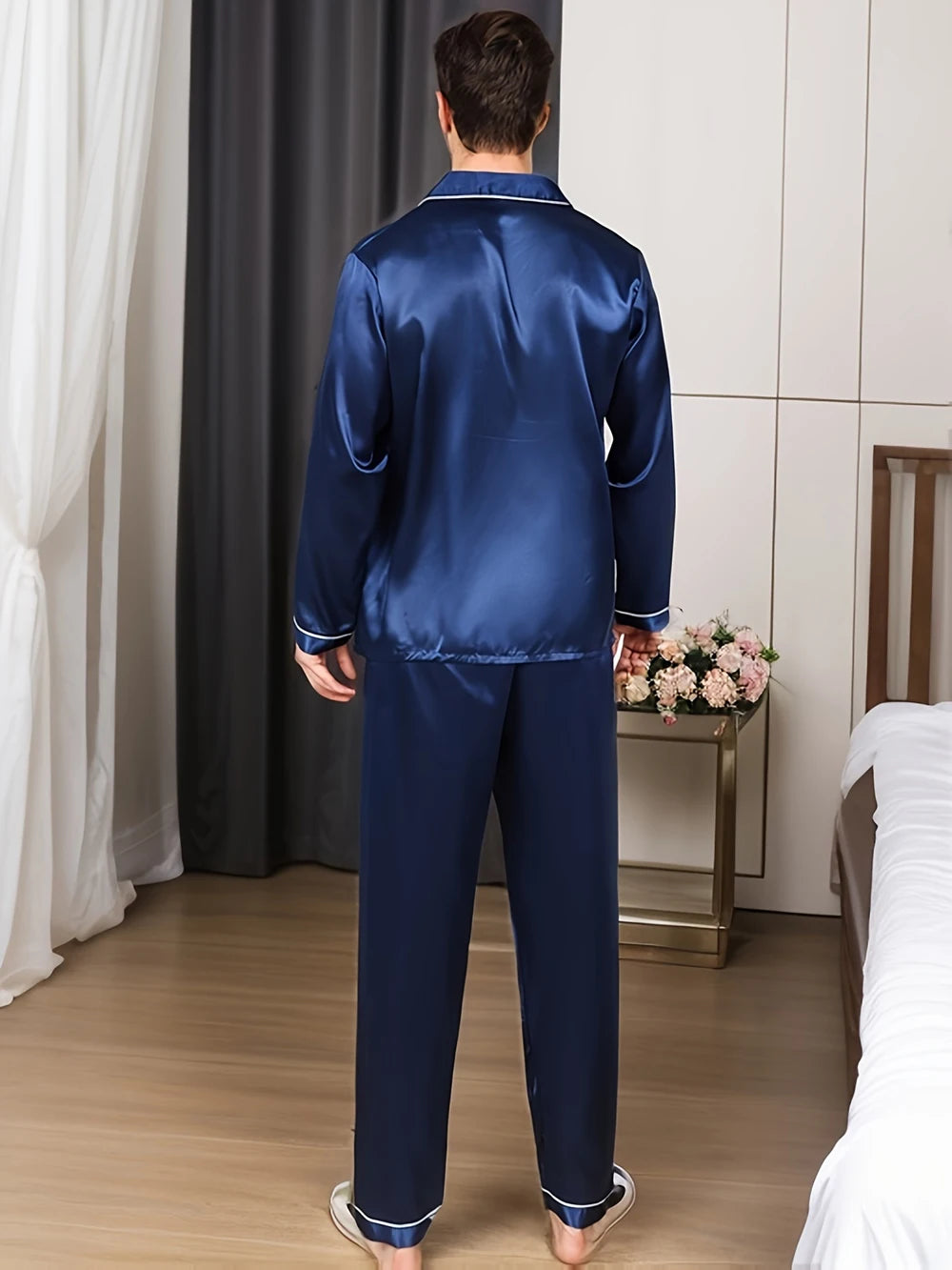 New Men Pajama Sets Sleepwear For Man Shirt Silk Long Sleeve Pyjama Male Sleeping Satin Home Night Wear Plus Size Loungewear