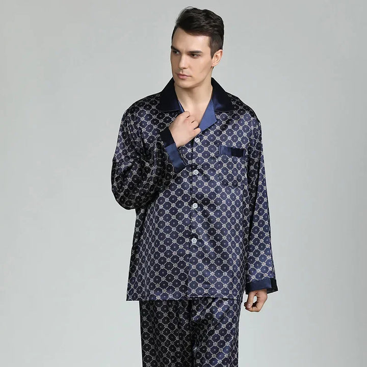 Silk Satin Pajamas for Men Sleepwear Cozy Soft Print Long Sleeve Nightgown Tops+ Trousers Two Pieces Mens Pajama Set