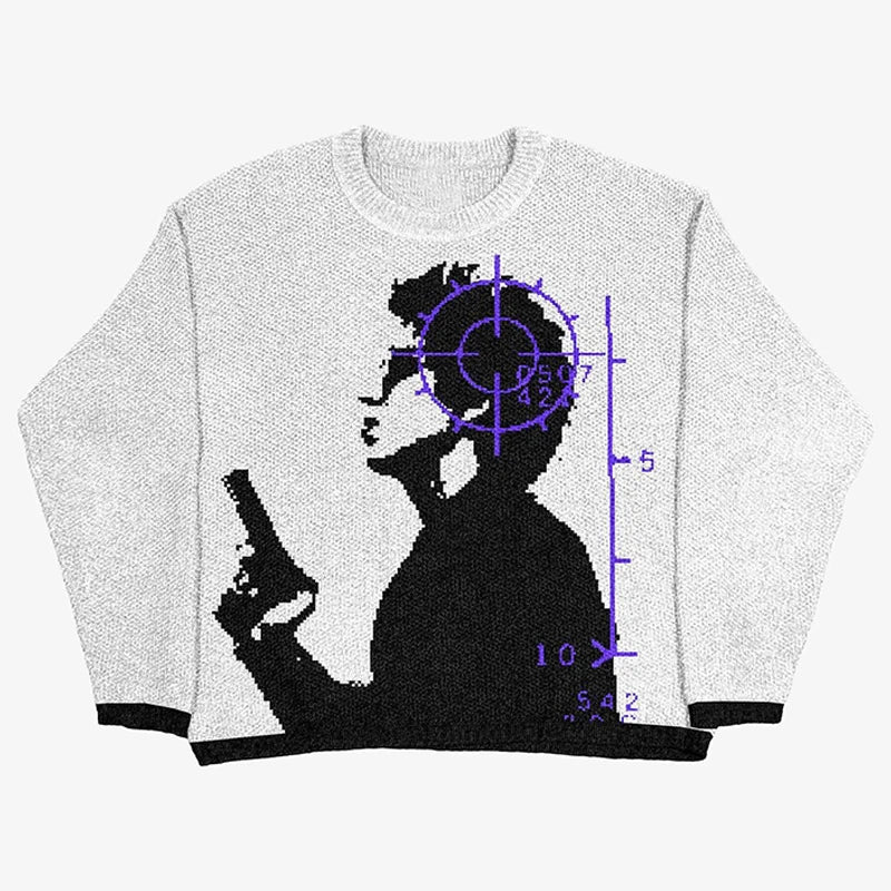 New Hip Hop Streetwear Knitted Sweater men Gothic portrait Print Pullover autumn Harajuku Cotton sweater women Oversized Sweater