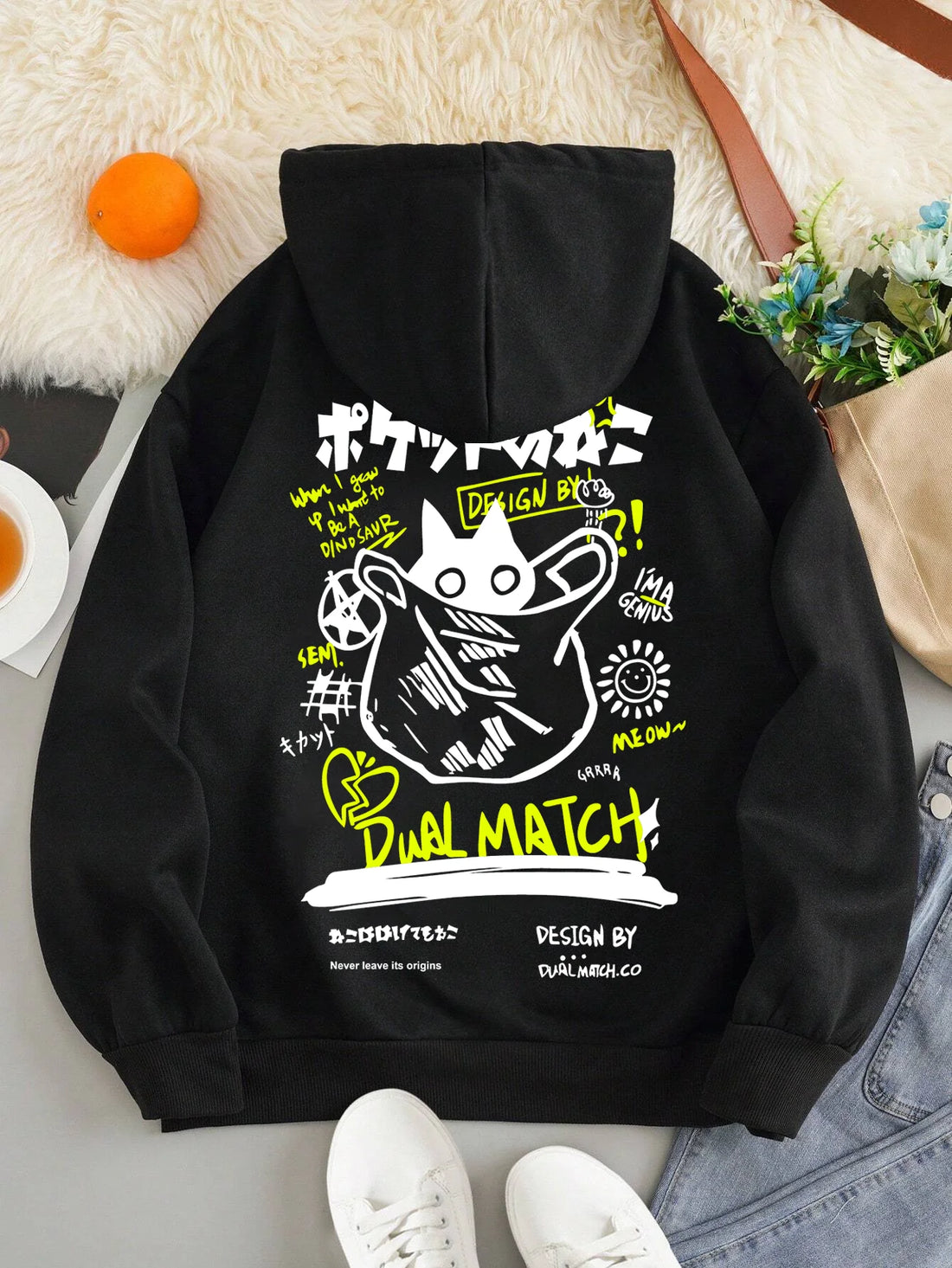 Cute Cat Cartoon Printed Sweatshirt Women Harajuku Casual Loose Hooded Fashion Soft Pocket Hoodies Autumn Warm Female Clothes