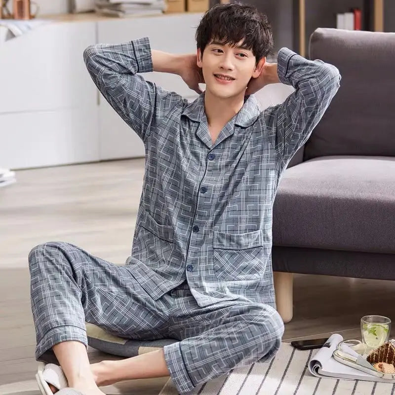 Fall 100% Cotton Pajamas Men's Comfortable Long-sleeved Plus Size Home Wear Suit Teenagers Leisure Outdoor Can Be Worn Outside