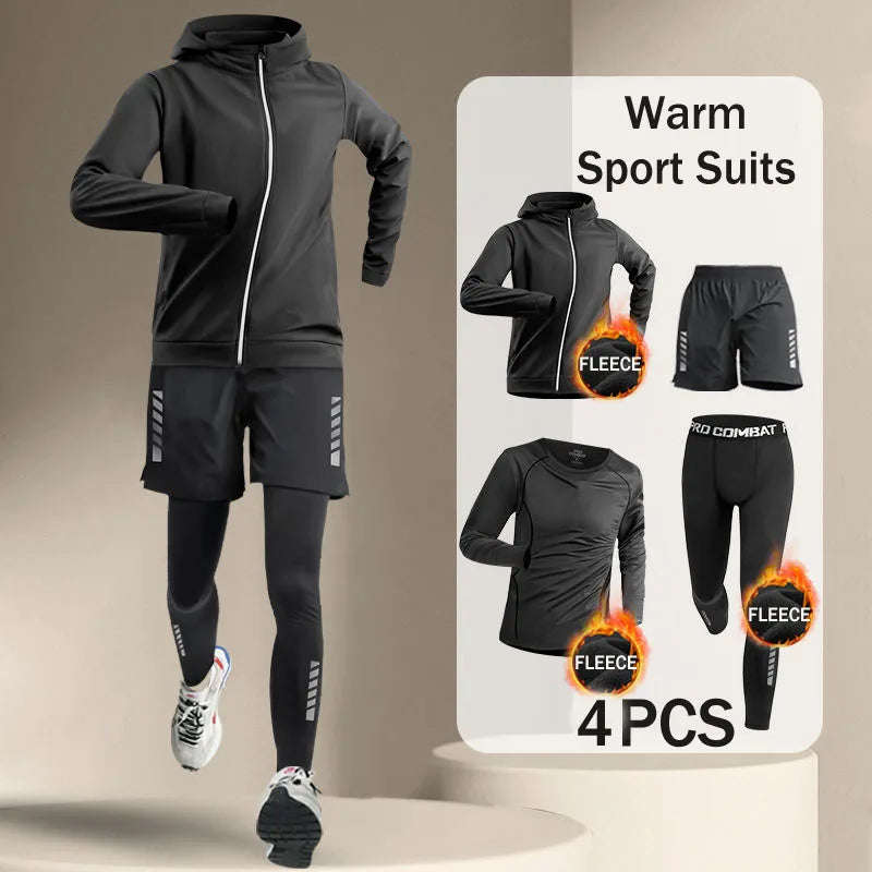 Korean Warm Sports Suit Men 2-4 PCS Running Set Jogging Basketball Underwear Tights Sportswear Gym Fitness Tracksuit Clothes