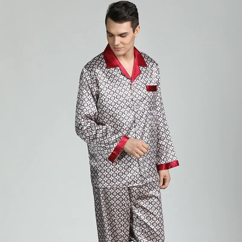 Silk Satin Pajamas for Men Sleepwear Cozy Soft Print Long Sleeve Nightgown Tops+ Trousers Two Pieces Mens Pajama Set