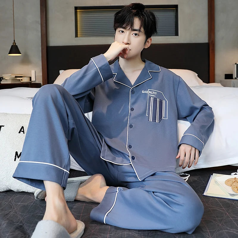 SUKAE Casual Mens Pijama Faux Cotton Soft Nightwear Autumn Spring Homesuit Gentleman Turn-down Collar Sleepwear Boys Pajamas