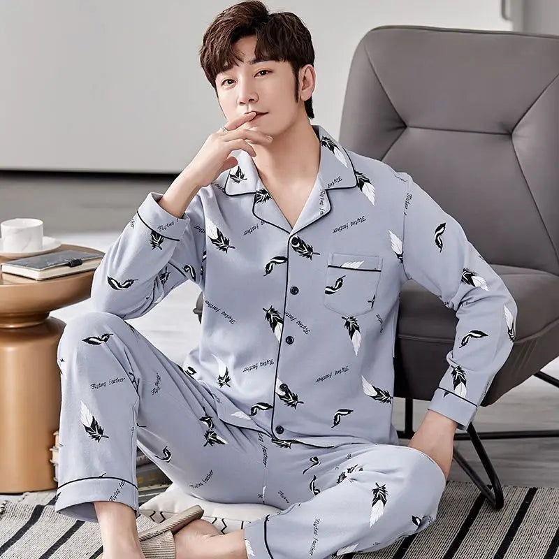 Fall 100% Cotton Pajamas Men's Comfortable Long-sleeved Plus Size Home Wear Suit Teenagers Leisure Outdoor Can Be Worn Outside