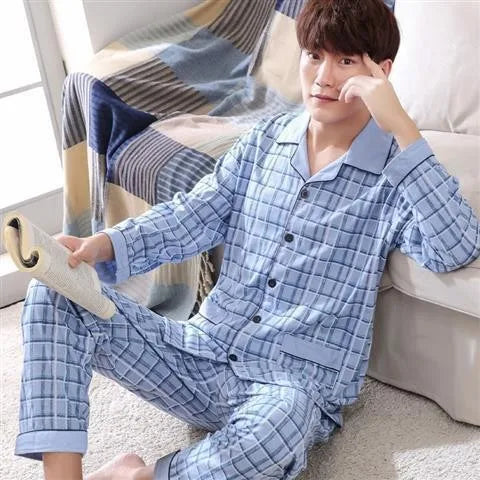 Fall 100% Cotton Pajamas Men's Comfortable Long-sleeved Plus Size Home Wear Suit Teenagers Leisure Outdoor Can Be Worn Outside