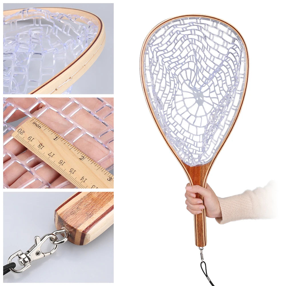 Fly Fishing Landing Nets Wooden Handle Transparent Rubber/Nylon Mesh Trout Mesh Fish Catch Release Stream River Fishing Tool