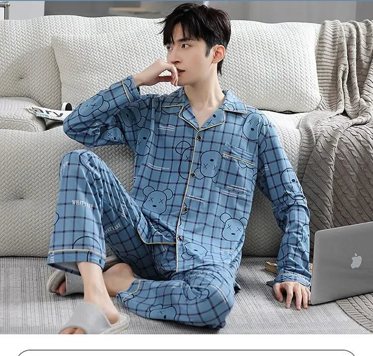 Fall 100% Cotton Pajamas Men's Comfortable Long-sleeved Plus Size Home Wear Suit Teenagers Leisure Outdoor Can Be Worn Outside