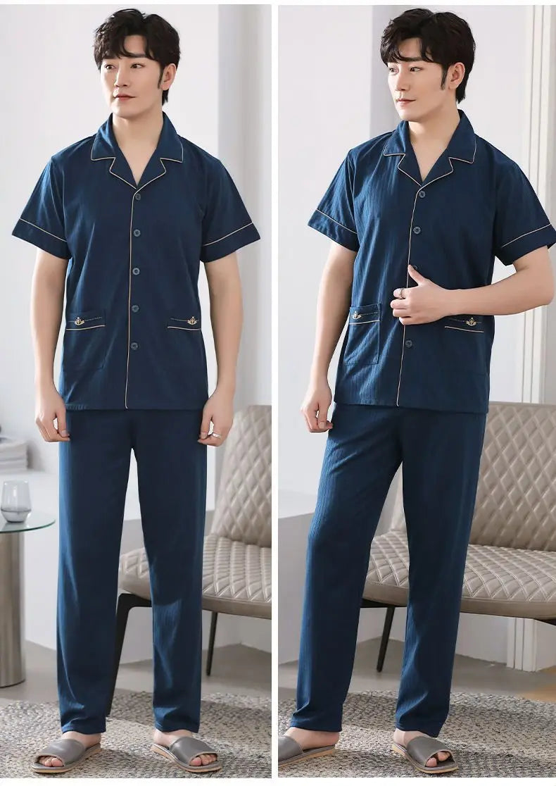 Big Size Cotton Sleepwear Men Short Sleeve Cardigan Trouser Pajama Sets Button Homewear Loungewear Sets Loose Korean Sportswear