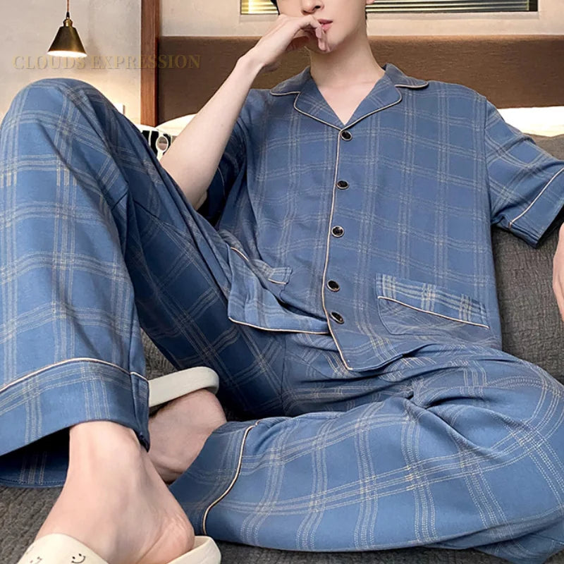 Summer Knitted Plaid Men's Pyjamas Plus 4XL Pajama Sets Casual Pjs Lounge Masculine Sleepwear Nightwear Pijamas Homewear Fashion