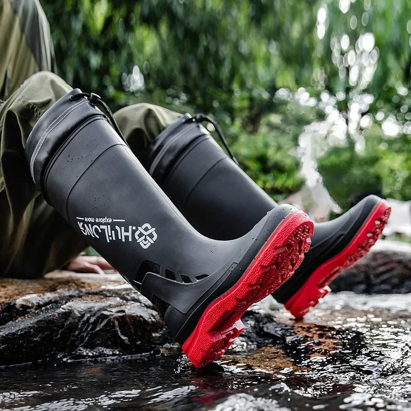 Men's Fashionable InsTrendy Waterproof Non-slip High Top Rain Boots With Thick Sole And Wear-Resistant Rubber Shoes For Fishing