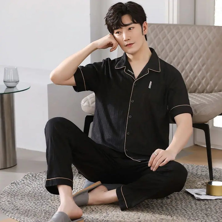 Big Size Cotton Sleepwear Men Short Sleeve Cardigan Trouser Pajama Sets Button Homewear Loungewear Sets Loose Korean Sportswear