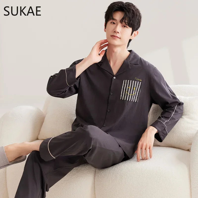 SUKAE Casual Mens Pijama Faux Cotton Soft Nightwear Autumn Spring Homesuit Gentleman Turn-down Collar Sleepwear Boys Pajamas