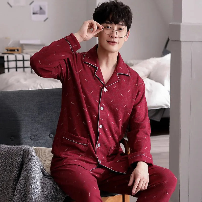 Fall 100% Cotton Pajamas Men's Comfortable Long-sleeved Plus Size Home Wear Suit Teenagers Leisure Outdoor Can Be Worn Outside