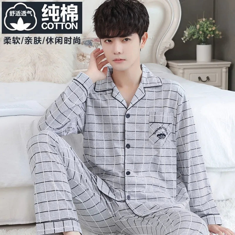 Fall 100% Cotton Pajamas Men's Comfortable Long-sleeved Plus Size Home Wear Suit Teenagers Leisure Outdoor Can Be Worn Outside