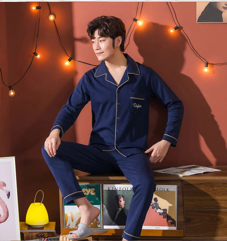 L-5XL Plus Size Faux Cotton Print Men's Pajamas Korean Ins Autumn Y2k Male Nightwear 2024 New Big Size Long Sleeve+pant Home Set