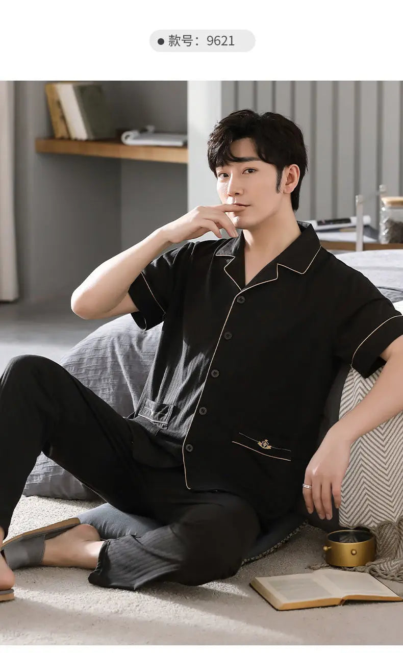 Big Size Cotton Sleepwear Men Short Sleeve Cardigan Trouser Pajama Sets Button Homewear Loungewear Sets Loose Korean Sportswear