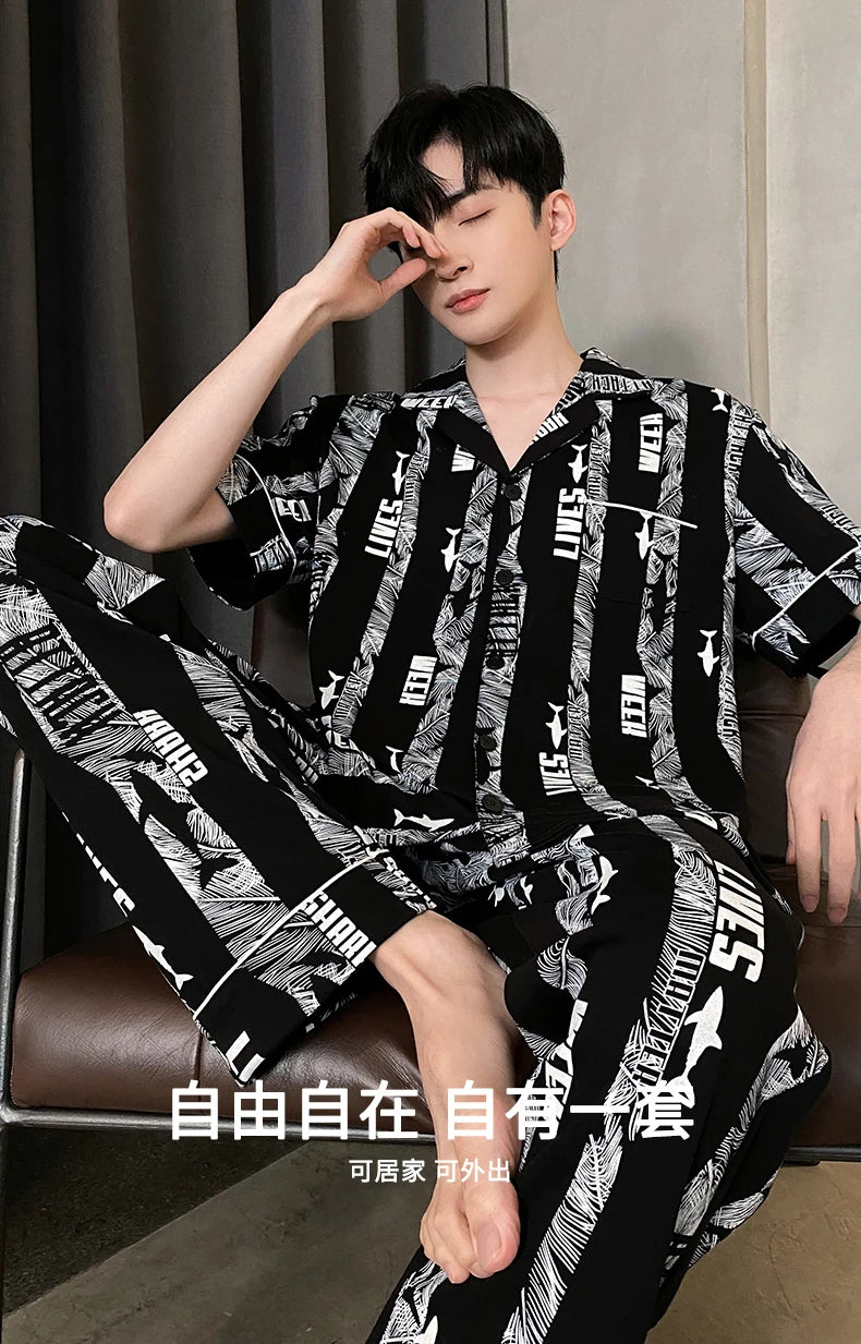 Summer Knitted Plaid Men's Pyjamas Plus 4XL Pajama Sets Casual Pjs Lounge Masculine Sleepwear Nightwear Pijamas Homewear Fashion