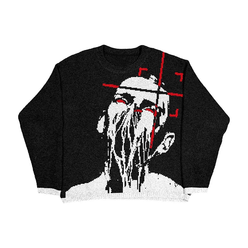 New Hip Hop Streetwear Knitted Sweater men Gothic portrait Print Pullover autumn Harajuku Cotton sweater women Oversized Sweater