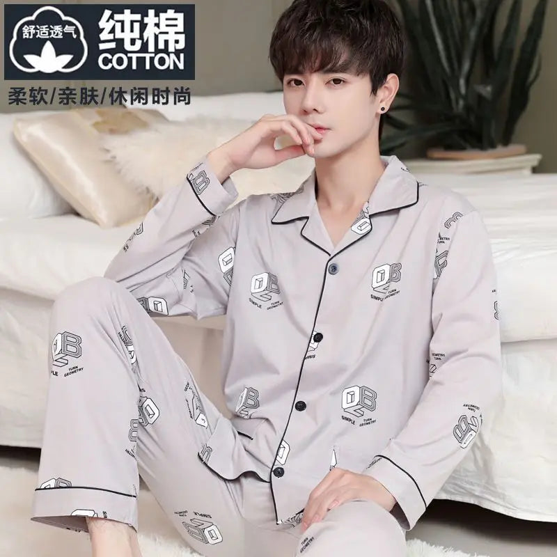 Fall 100% Cotton Pajamas Men's Comfortable Long-sleeved Plus Size Home Wear Suit Teenagers Leisure Outdoor Can Be Worn Outside